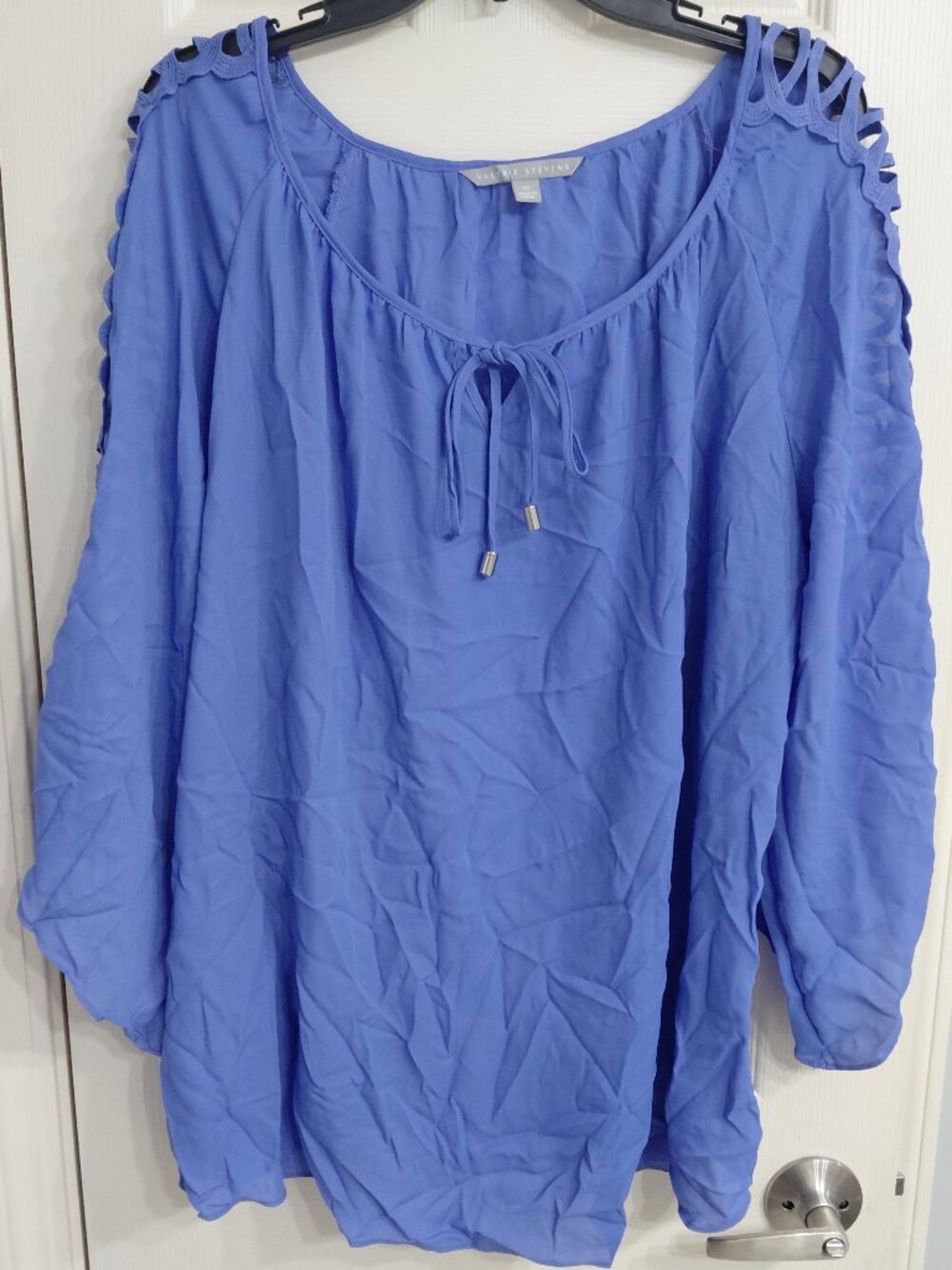 Blue Blouse with Lace Sleeve Detail